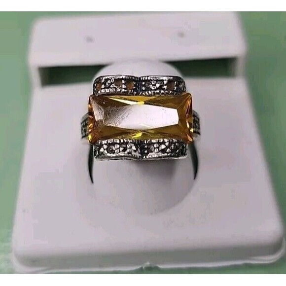 Yellow Rectangle Stone ring silver 925 HEART - Picture 2 of 11